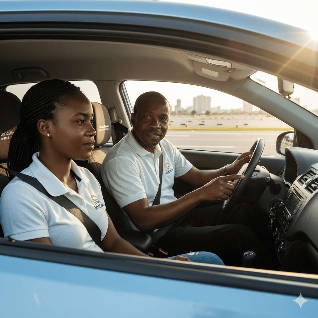 Aluno em aula prática de condução na Beira